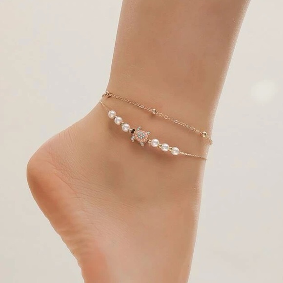 Faux Pearl and Turtle Layered Anklet Golden - Picture 1 of 7